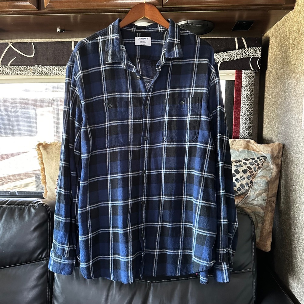 Old Navy Mens XXXL Tall Blue Black Plaid Flannel Long Sleeve Button Down Shirt